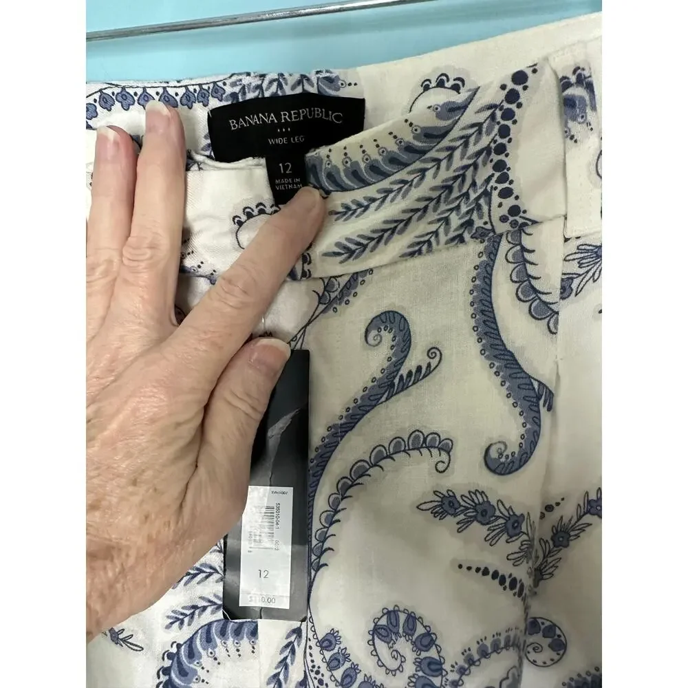 Banana Republic wide-leg pants linen-blend blue paisley Size 12 NWT